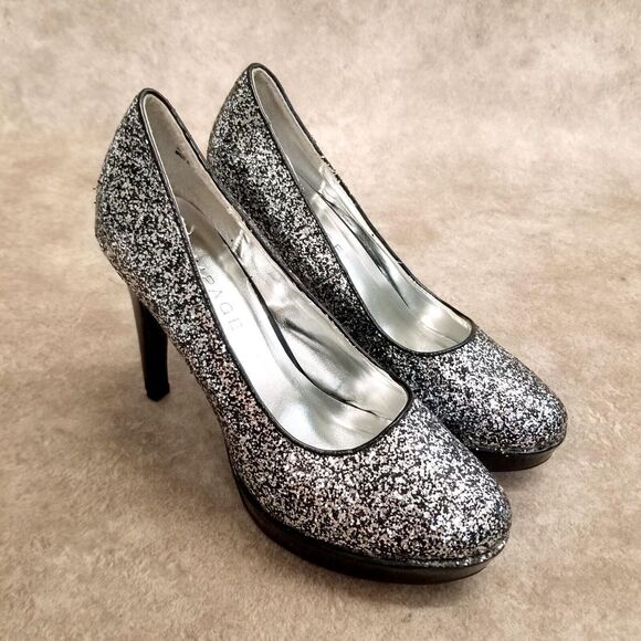 Rampage Womens Tangela Size 8.5 Black Silver Slip On Glittery Heels Platform Pu - Picture 1 of 12